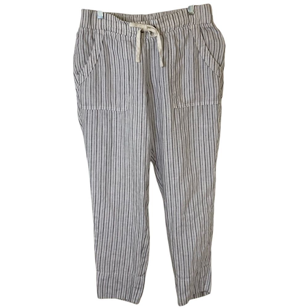 Athleta Womens Linen Ankle Pants 4 White Black Stripes Spring Summer Casual